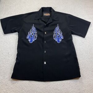 Easyriders Button Down Mens M Black Blue Flame USA Biker Short Sleeve Shirt